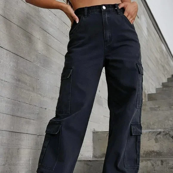 Black Casual Womens Zipper Fly Flap Pocket Boyfriend Jeans - Picture 2 of 5